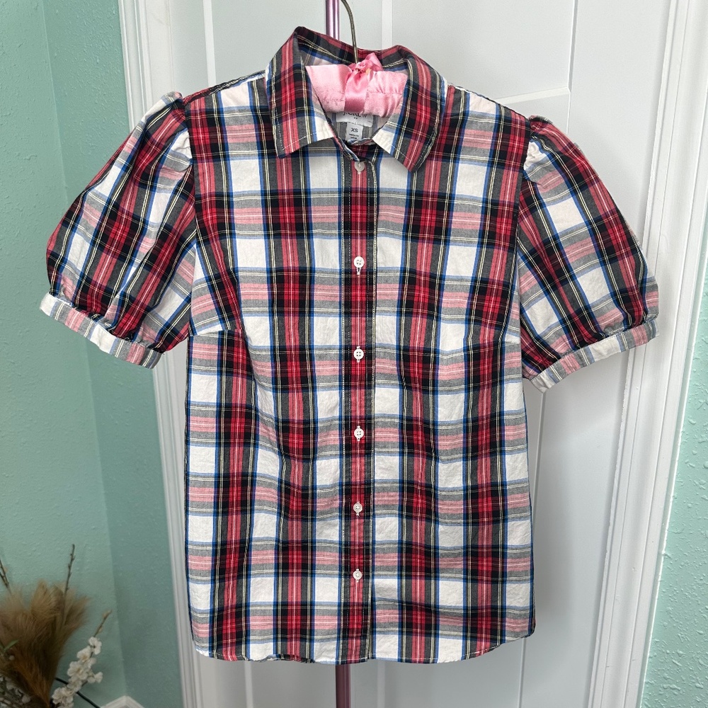 J.CREW womens XS Red holiday TartanPlaid ClassicPuff ShortSleeve Buttons